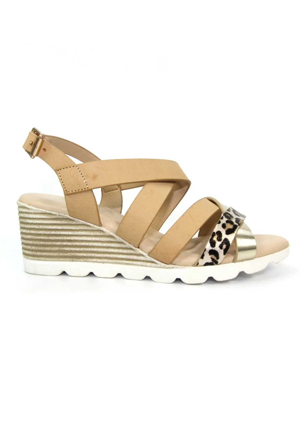 Beige Low Wedge Strap Shoe with Animal Print Detail