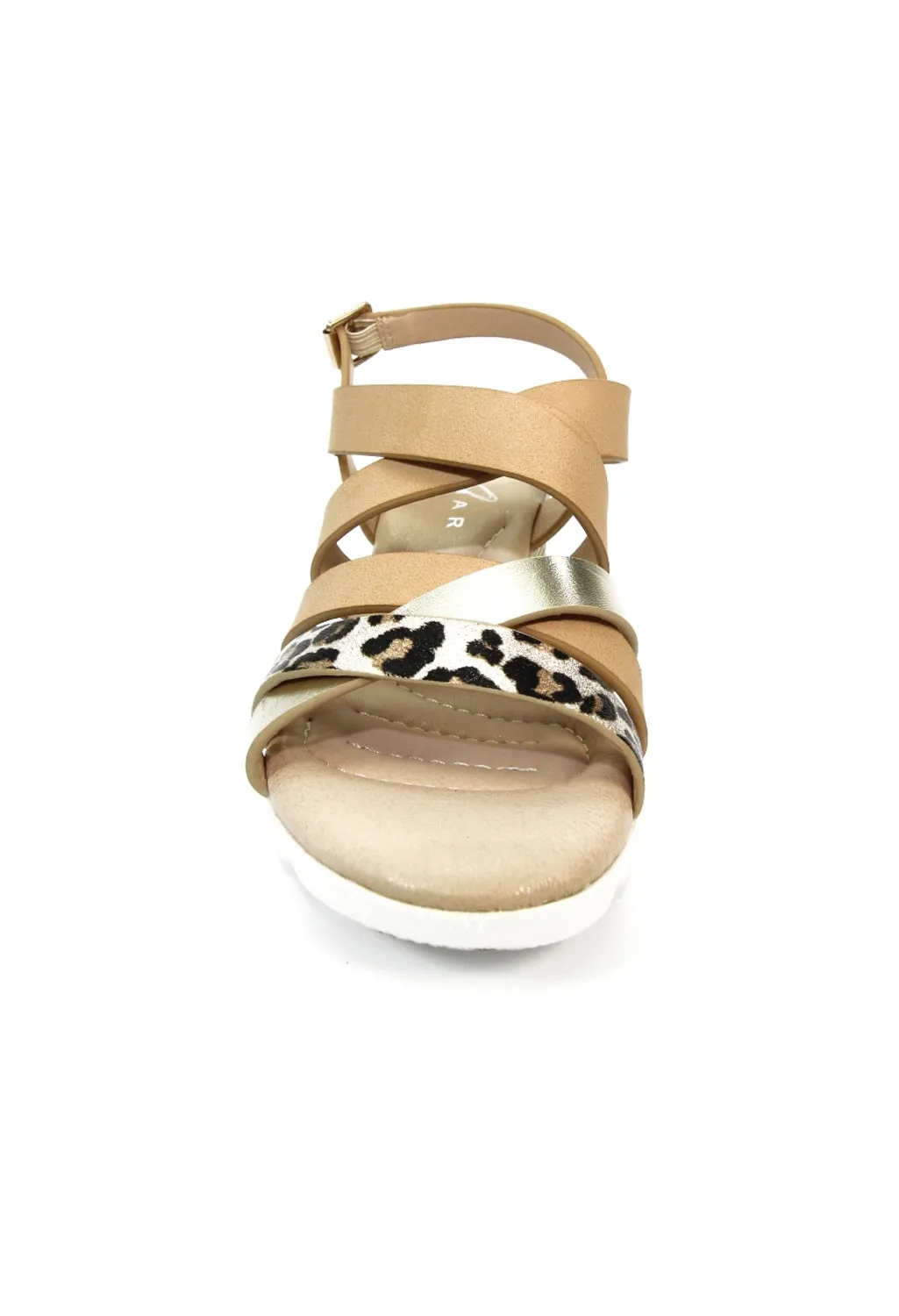 Beige Low Wedge Strap Shoe with Animal Print Detail