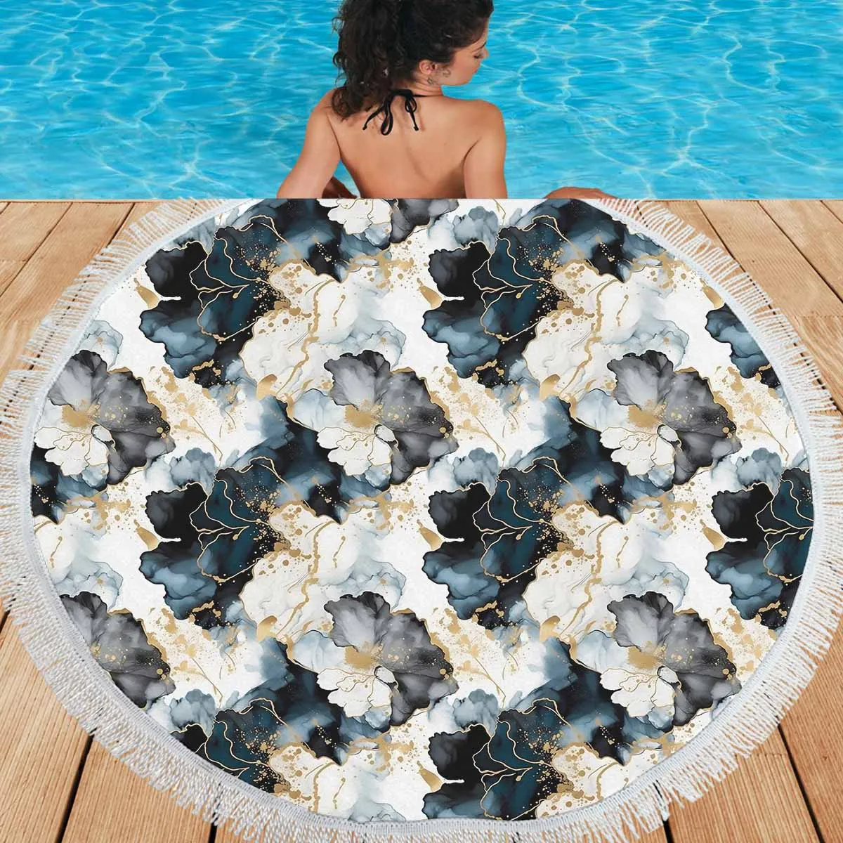 Black Ink Floral  Circular Beach Shawl 59"