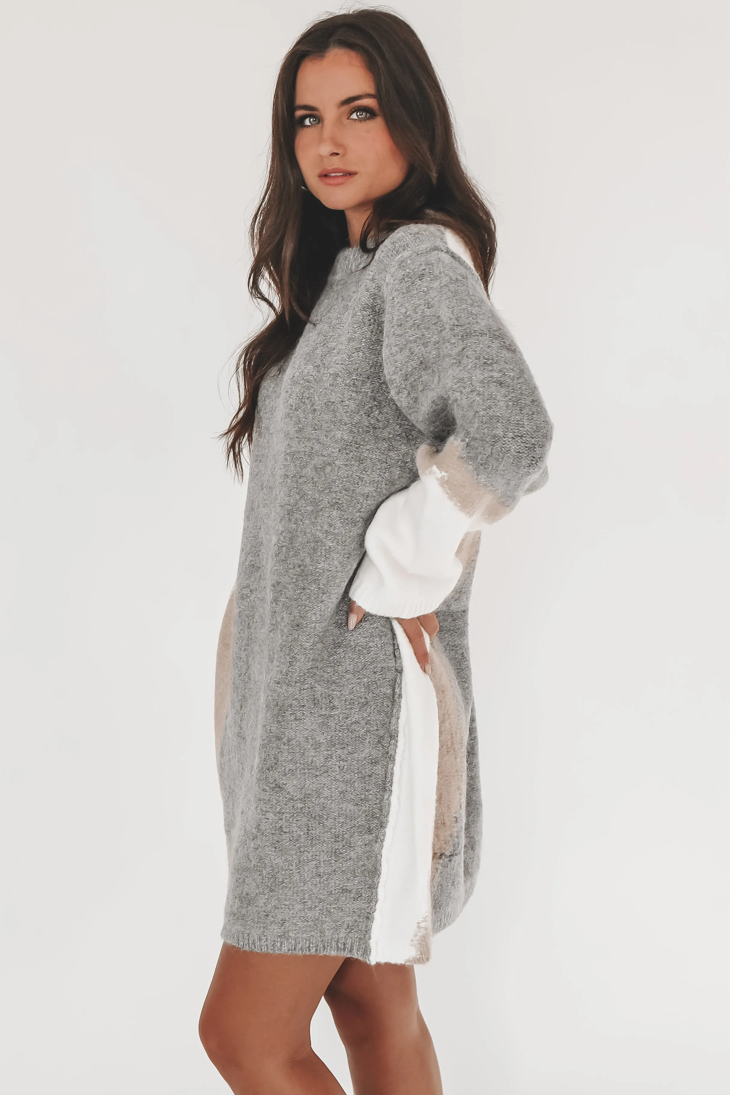 Warm Gray Contrast Sweater Dress for Women