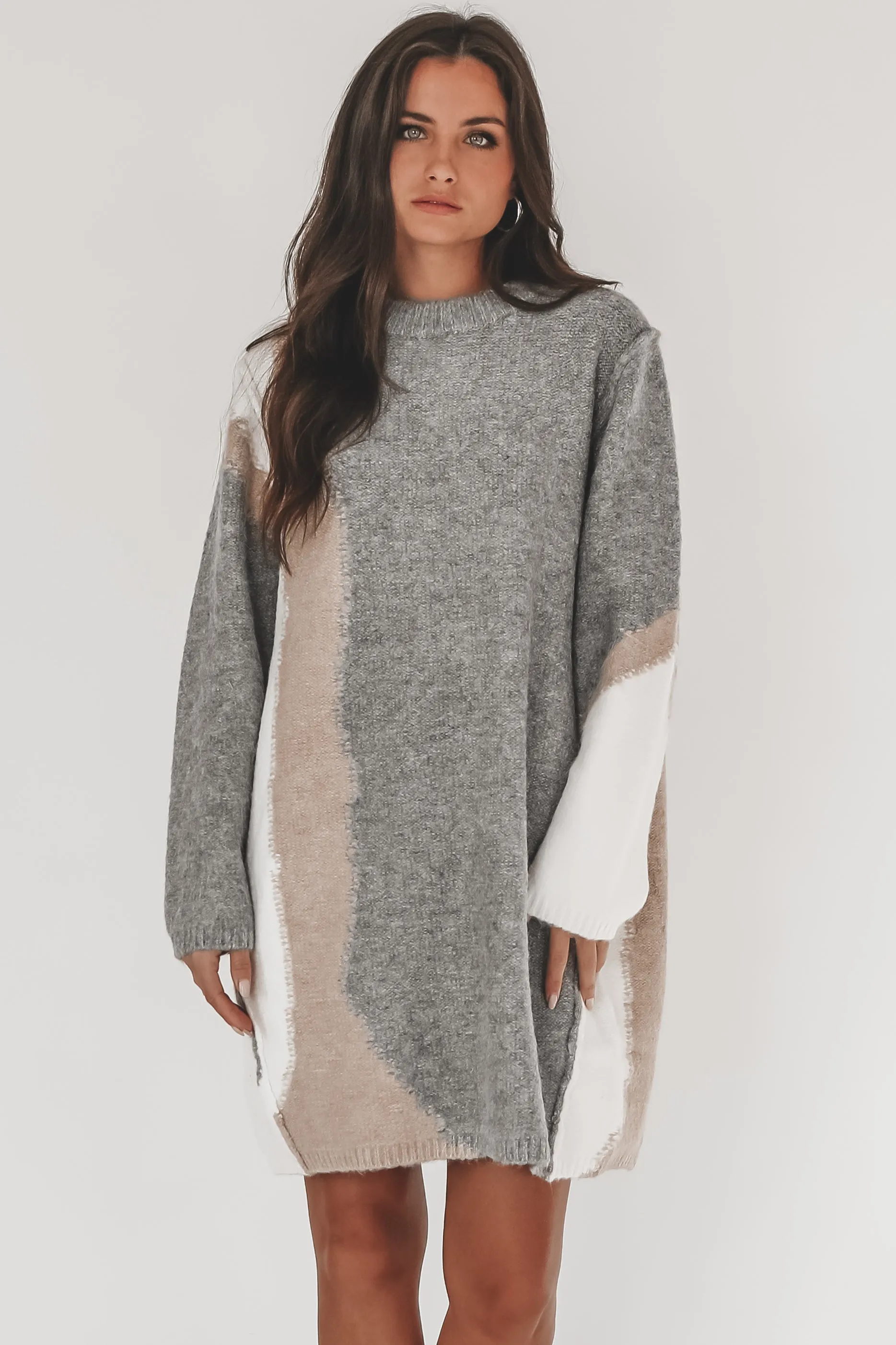 Warm Gray Contrast Sweater Dress for Women