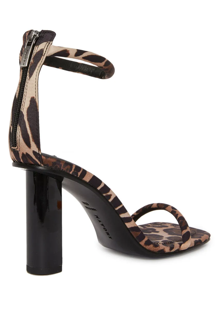 Glow Luxe Leopard Satin Block Heel Sandal