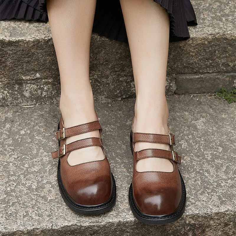 Leather Mary Jane Pumps Double Strappy Block Heel Dress Shoes in Coffee/Black