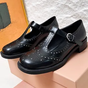 New Arrival Retro Brogue Carving Leather T Strap Mary Jane Shoes In Black