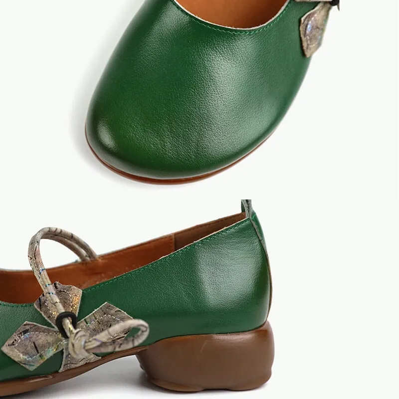 Retro Leather Strappy Mary Jane Pumps Block Heel in Green/Beige