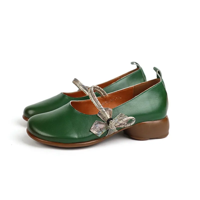 Retro Leather Strappy Mary Jane Pumps Block Heel in Green/Beige