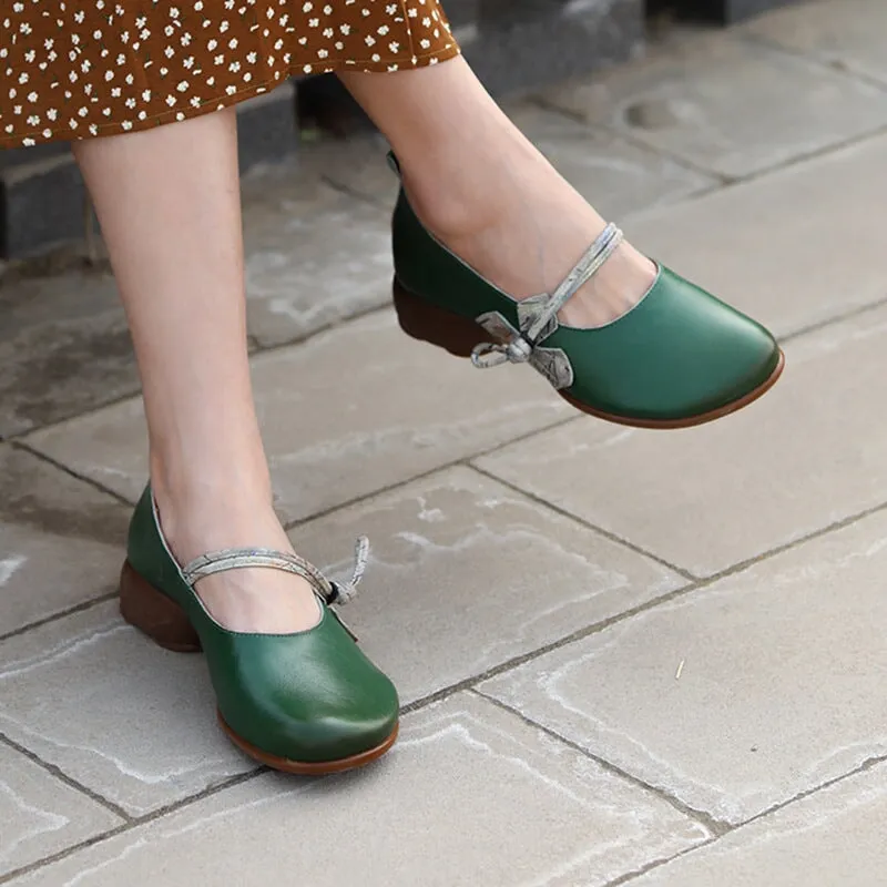 Retro Leather Strappy Mary Jane Pumps Block Heel in Green/Beige