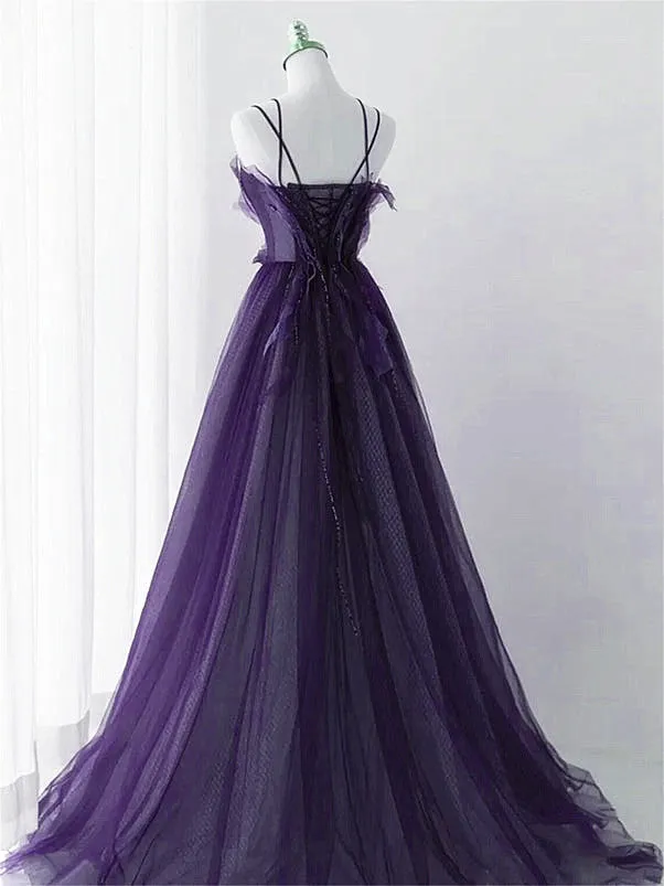 Solvbao Purple Tulle Beaded Long A-line Prom Dress Formal Dress, Purple Evening Dress