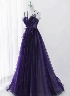 Solvbao Purple Tulle Beaded Long A-line Prom Dress Formal Dress, Purple Evening Dress