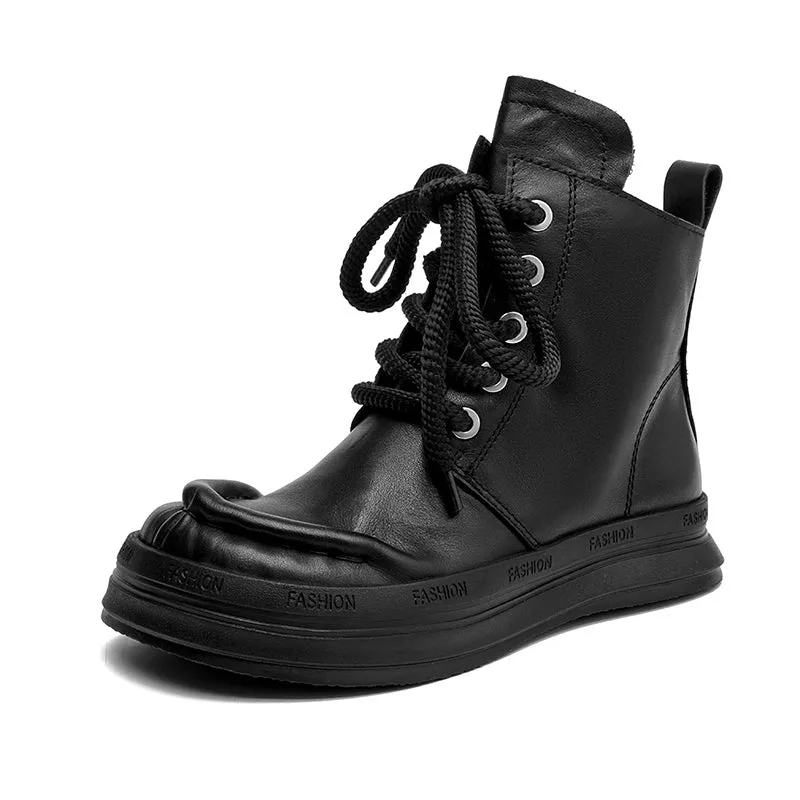 Women's Platform Martin Ankle Boots with Lace-Up/Zipper and Round Toe in Black